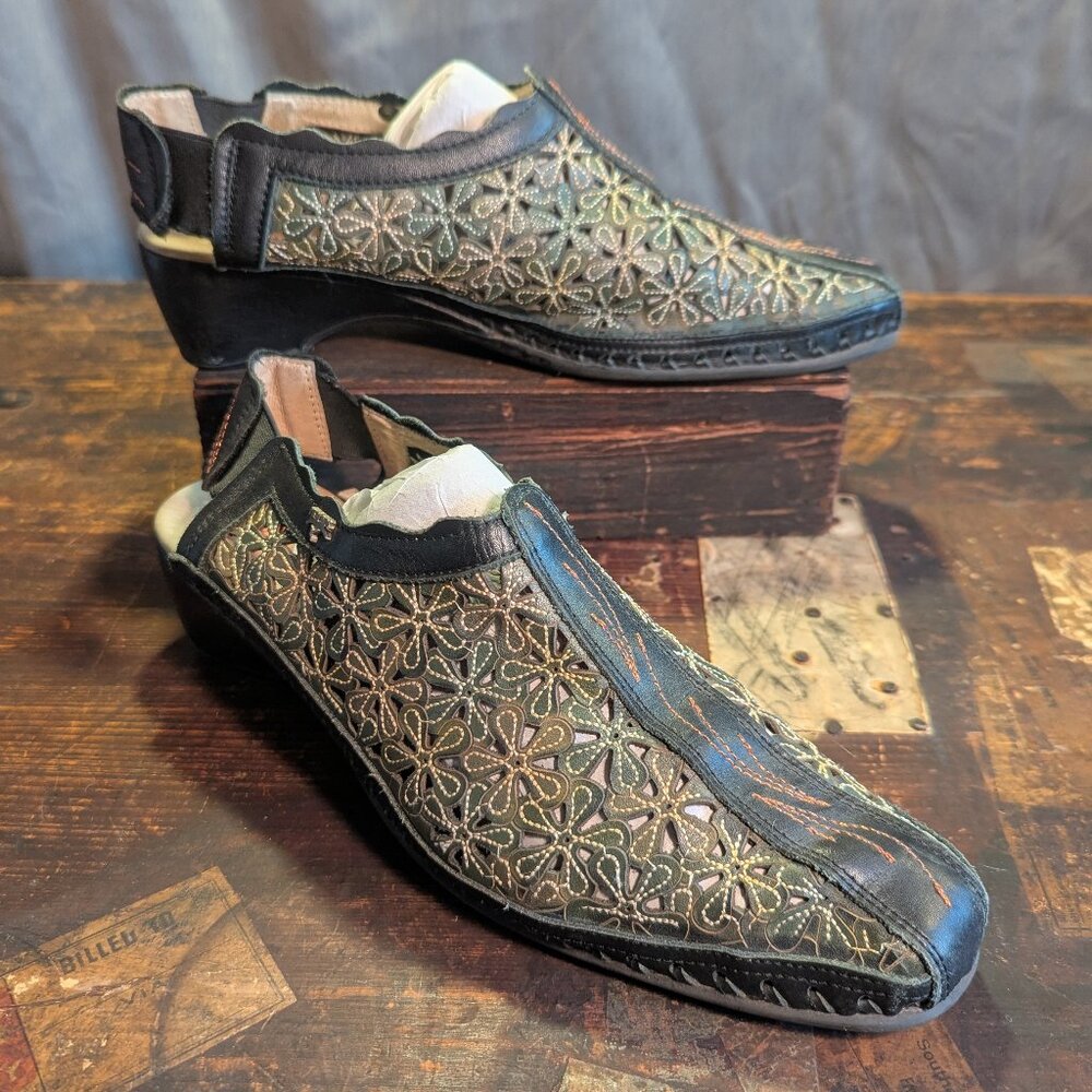 Pikolinos "Romana" Slingback Leather Floral cut-out Sandals Black/Green sz EU 40